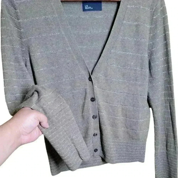 American Eagle Outfitters taupe brown glitter striped button up cardigan sweater - Picture 2 of 4